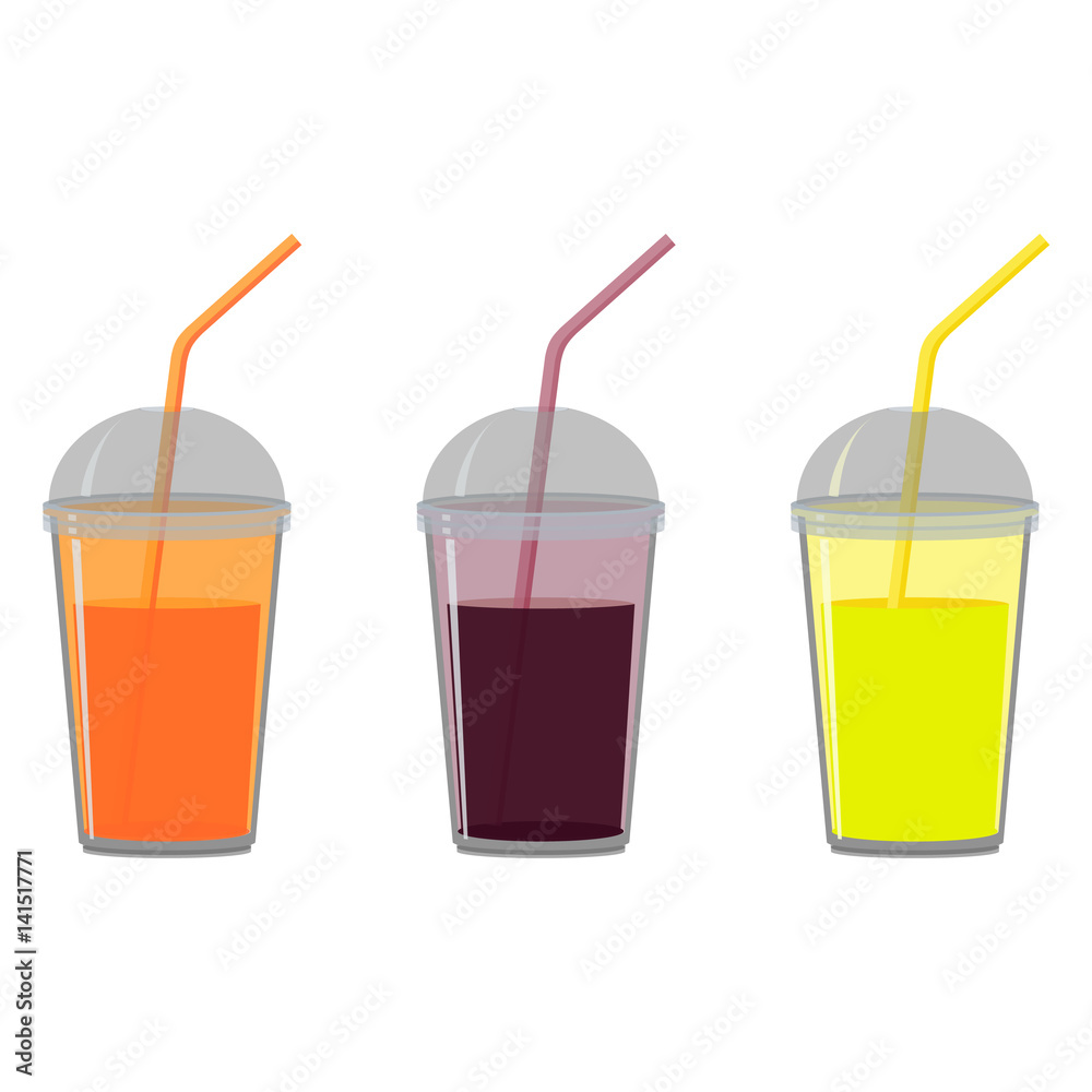 Set of cups with lid and straw. Fresh fruit juices of orange, bilberry, lemon. Vector illustration on white background. Set of cups with lid and straw. Fresh fruit juices of orange, bilberry, lemon. Vector illustration on white background.