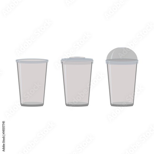 Set of plastic cups with lid. For water, tea, coffe, juice, cocktails. Abstract concept. Vector illustration.