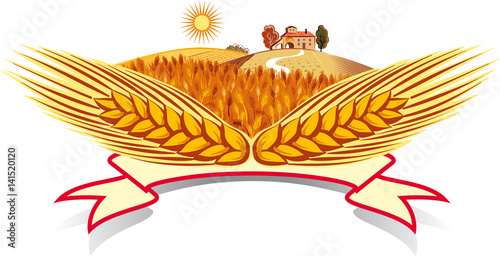 Cartouche with ears of corn in a landscape.