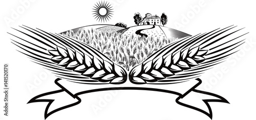 Cartouche with ears of corn in a landscape.