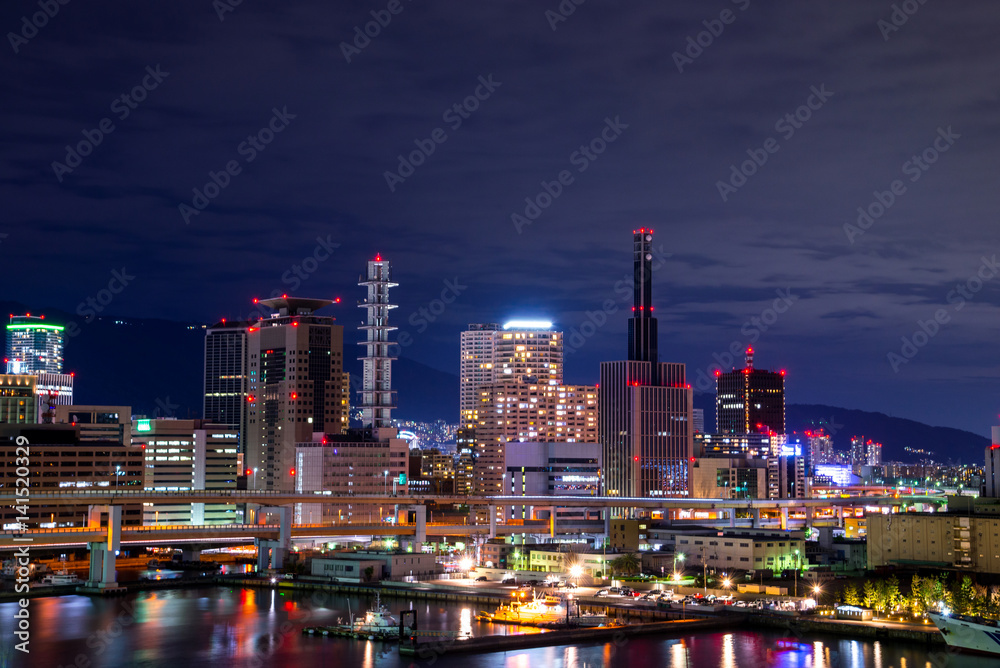 Night view cityscape of the downtown Kobe city (Sannomiya District) view from Port of Kobe, Japan. Night view cityscape of the downtown Kobe city (Sannomiya District) view from Port of Kobe, Japan.