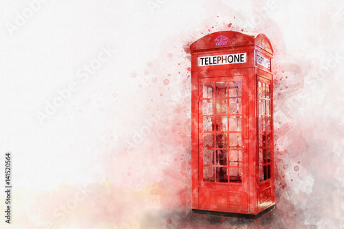 Digital painting of classic red telephone booth, watercolor style photo