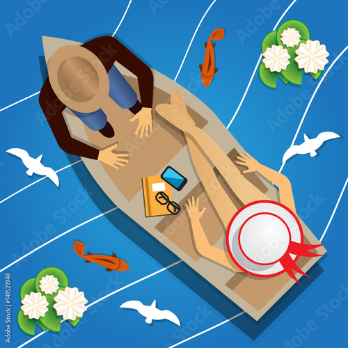 The guy with the girl in the boat. View from above. Vector illustration.