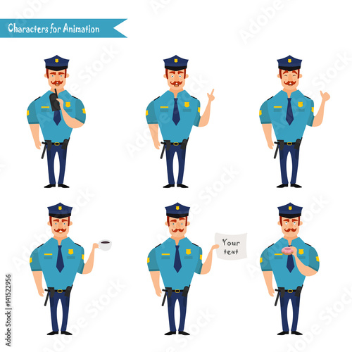 Set of colorful isolated vector policeman at work.