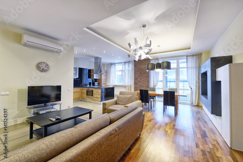 Russia  Moscow region - interior design kitchen - living room in luxury new apartment  