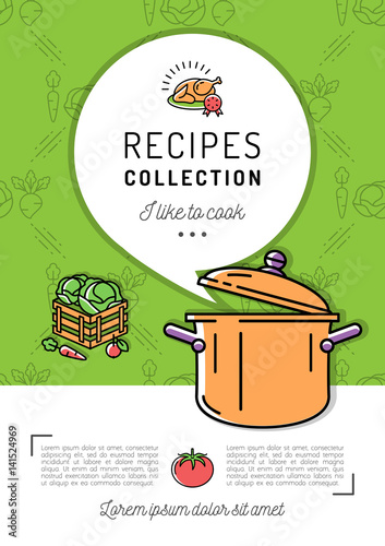 Recipe book Cover menu Cookbook A4 size. Boiling pot, Steam icon, Speech bubble with space for text