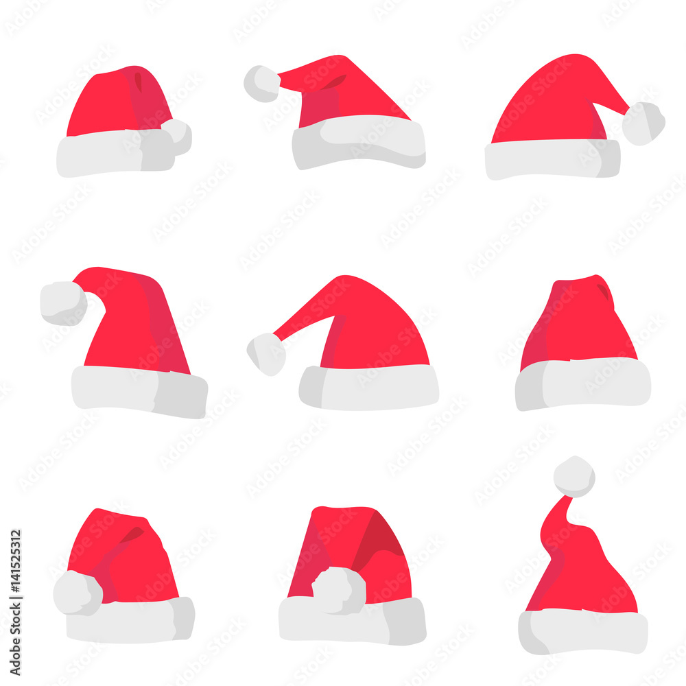 Red Santa Claus hats isolated on colorful background. Symbol of Christmas holiday. Vector santa hat set. Red Santa Claus hats isolated on colorful background. Symbol of Christmas holiday. Vector santa hat set.