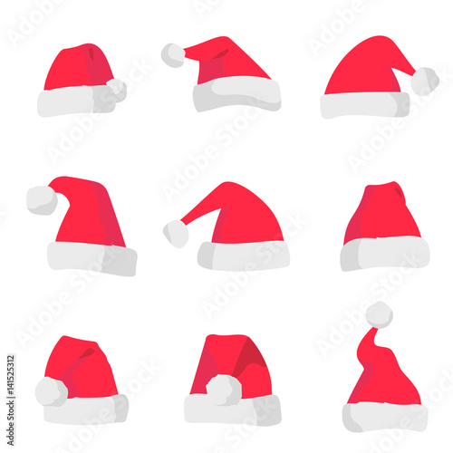 Red Santa Claus hats isolated on colorful background. Symbol of Christmas holiday. Vector santa hat set.