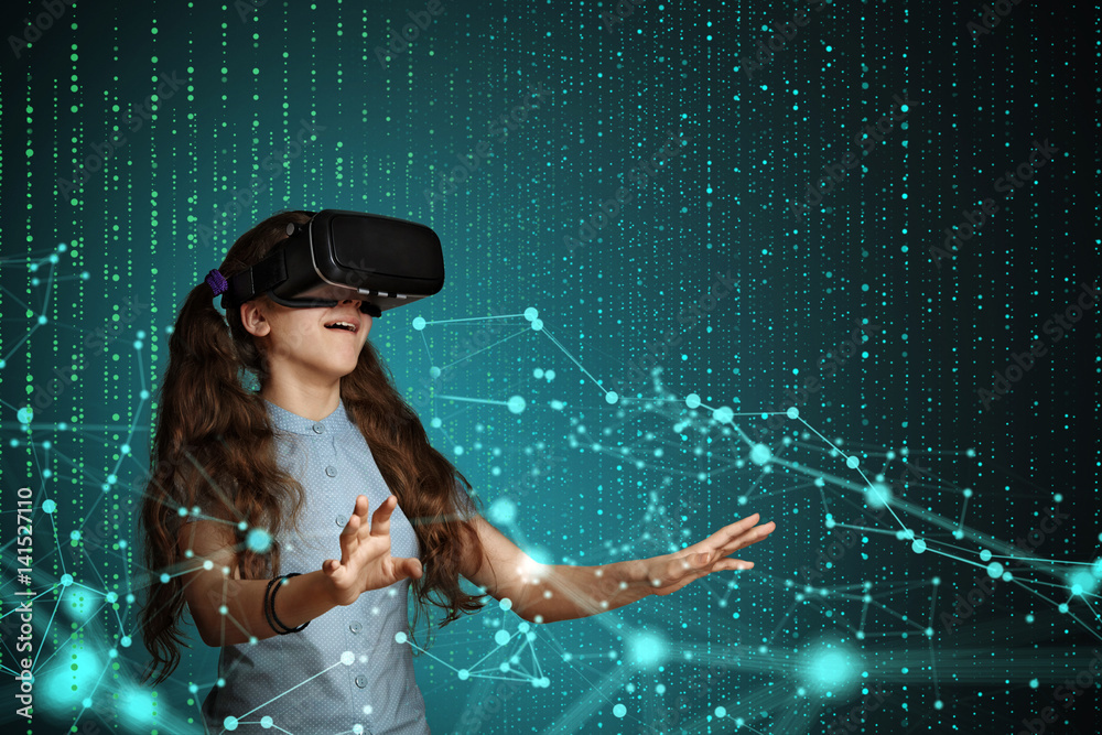 Young girl with virtual reality headset. Young girl with virtual reality headset.