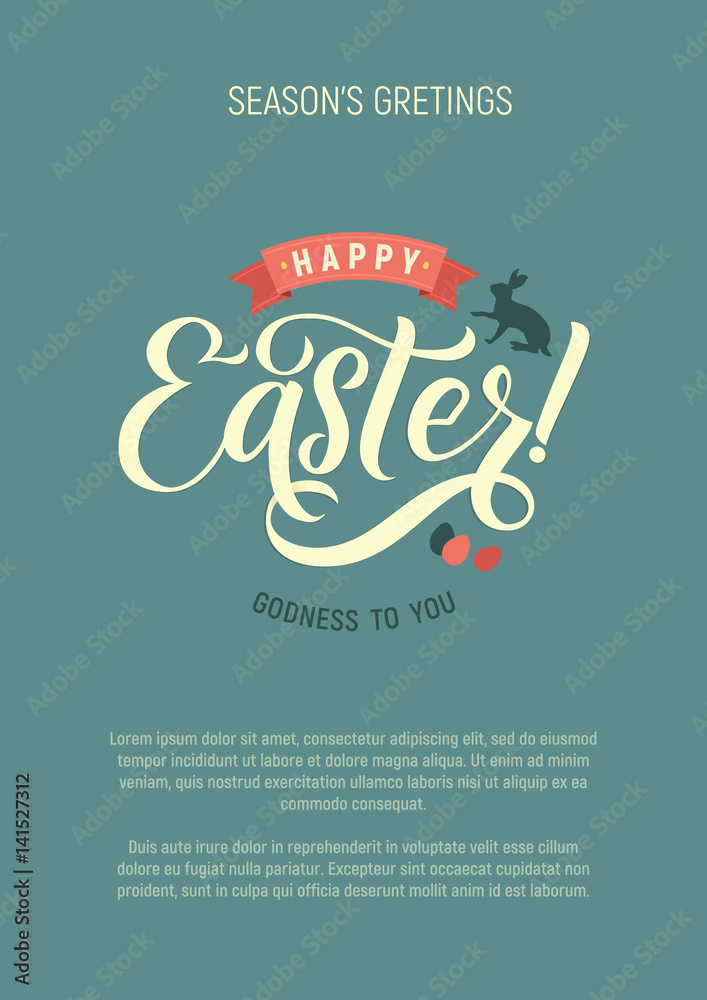 Fototapeta Happy Easter Calligraphy Greeting Card. Modern Brush Lettering. Joyful Wishes, Holiday Greetings. Pastel Background. Bunny and Chicken