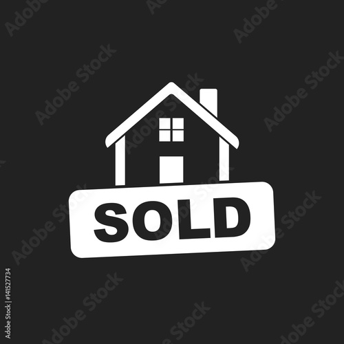 House with sold sign. Flat vector illustration on black background