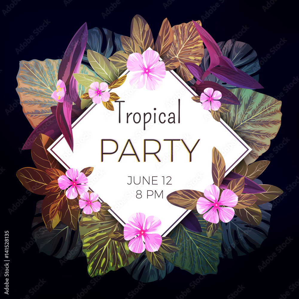 Fototapeta premium Summer tropical vector background with exotic palm leaves and pink flowers. Jungle floral party flyer template