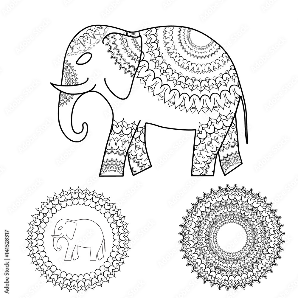 Fototapeta premium Elephant with hand drawn mandala. Oriental ornament for yoga poster, invitation, greeting card, coloring book.