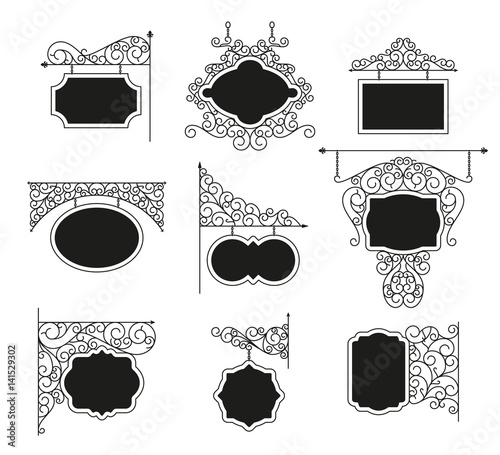 Forged metal signboards set. Linear design. Vector outline illustration isolated on white.