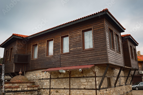 Old Bulgarian houses in the town of Nesebar, Bulgaria. In 1956 Nesebar was declared as museum city, archaeological and architectural reservation by UNESCO.