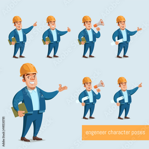 Set of engineer characters poses. Vector illustration of funny workman in yellow helmet. The man in working clothes with various gestures