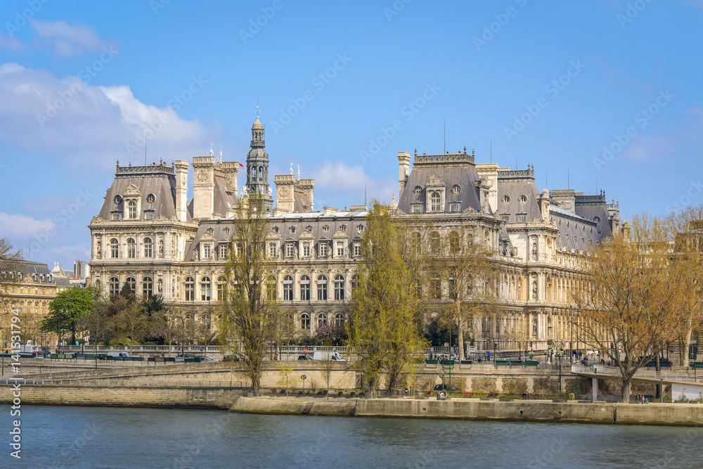 Paris, France - April 20, 2013: View of Hotel de Ville in a sunny day