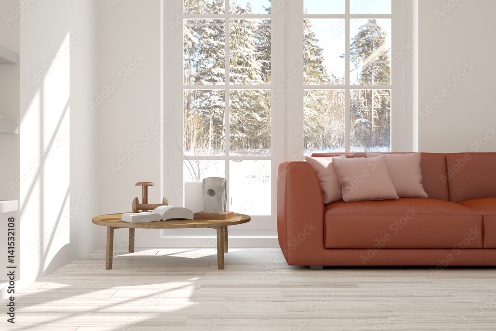Fototapeta premium White room with sofa and winter landscape in window. Scandinavian interior design. 3D illustration