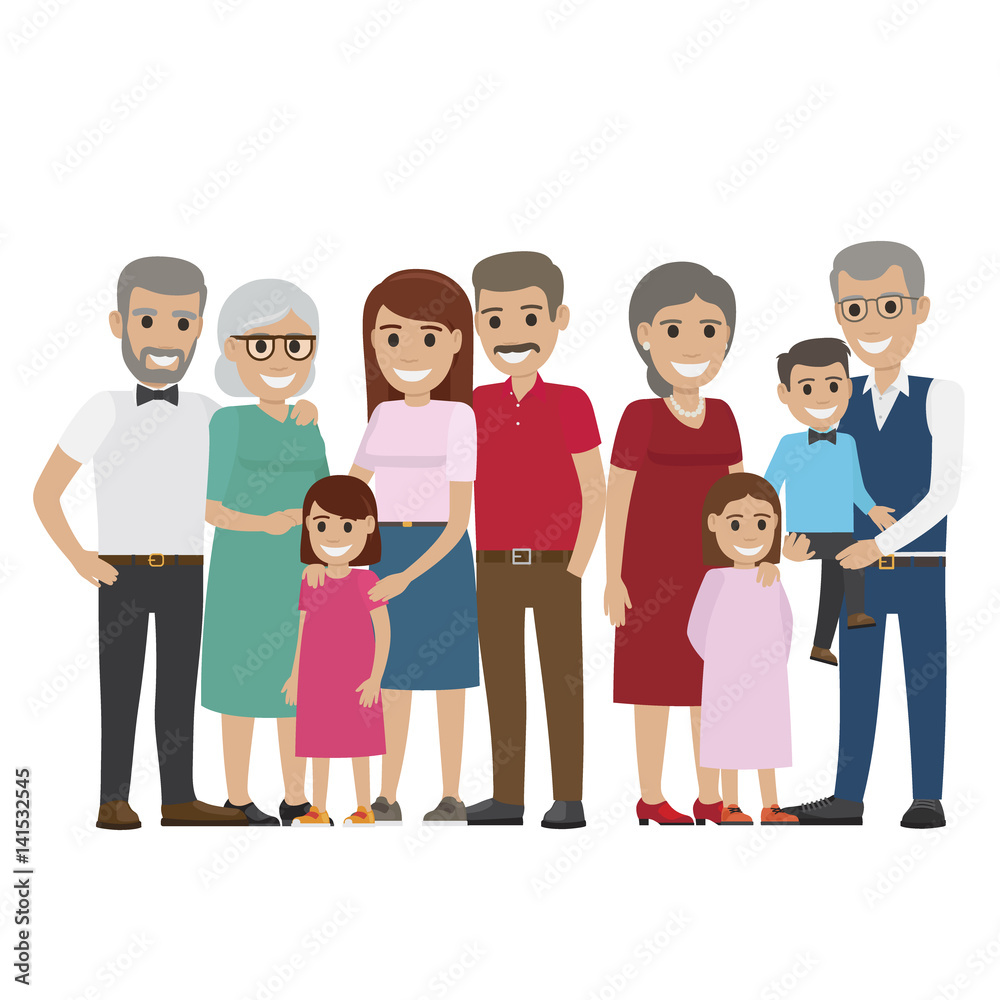 Multi-generation Family Colourful Photo on White Multi-generation Family Colourful Photo on White