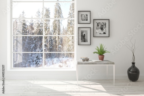 White empty room with winter landscape in window. Scandinavian interior design. 3D illustration photo