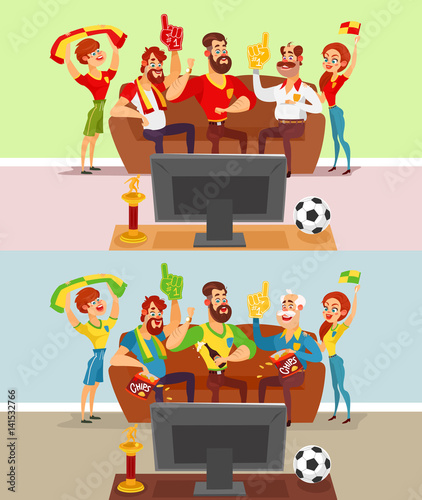 Two vector cartoon illustrations of a group of friends and family members of football fans watching a football match on TV
