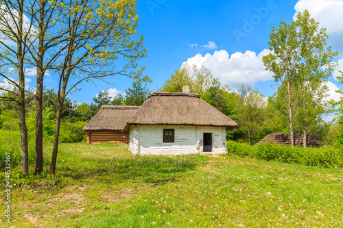 Old traditional houses with straw roofs in Tokarnia village on sunny spring day, Poland © pkazmierczak
