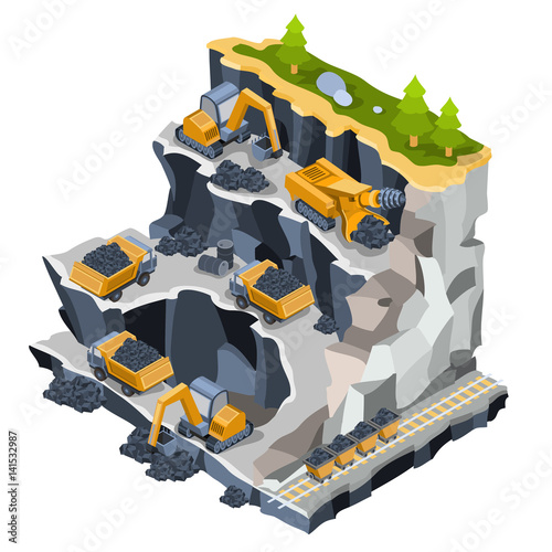 Vector 3D isometric illustration of a coal mine with miners, excavators, dumper, coal trolleys, coal cutter