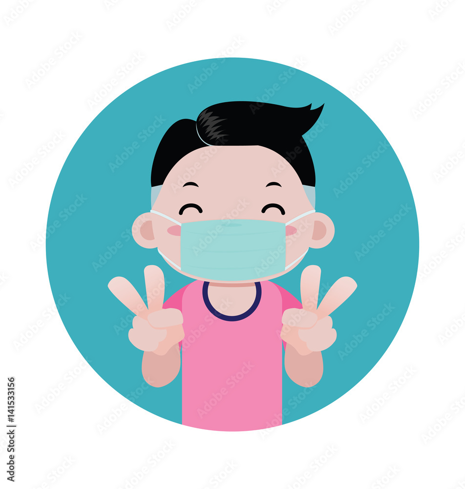 A boy wearing a medical mask on his face protects the virus, germs, dust, air pollution. Vector cartoon