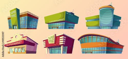Set of vector cartoon illustrations, icons retro and modern supermarket