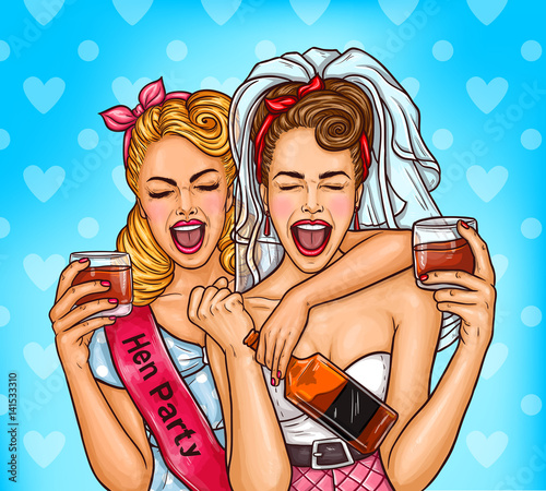 Vector pop art illustration of two rapturous sexy girls bride and her bridesmaid celebrating a hen-party