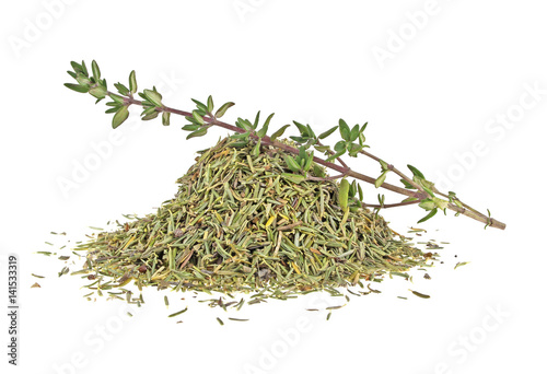 Dried thyme and thyme sprig isolated on white background