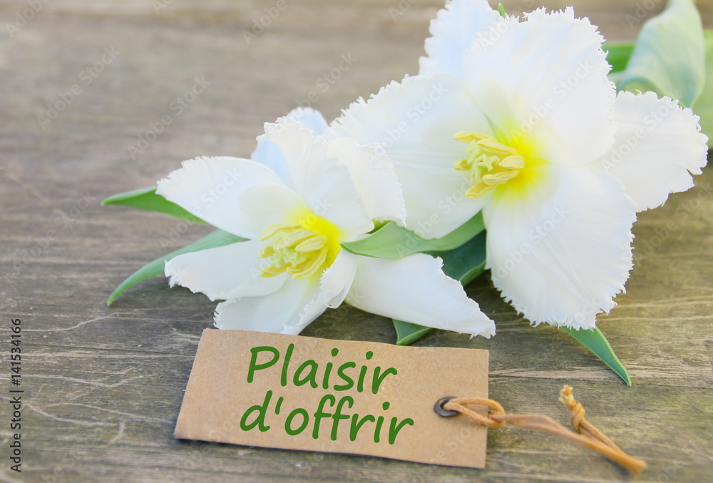 "plaisir d'offrir" sur étiquette ,carte avec tulipes sur fond bois