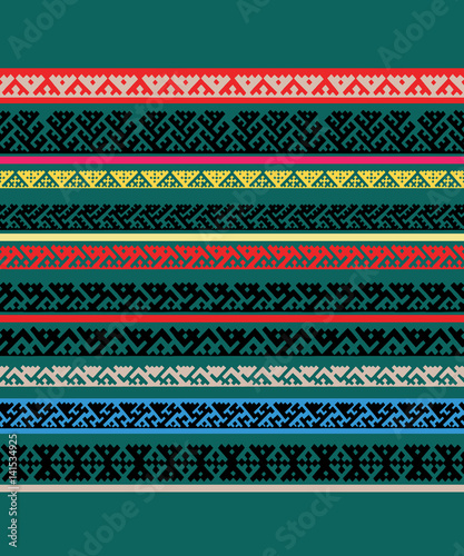 Hand drawn Siberian folk geometric print with tribal motifs of mansi people in authentic colors. Vector ethnic ornament.