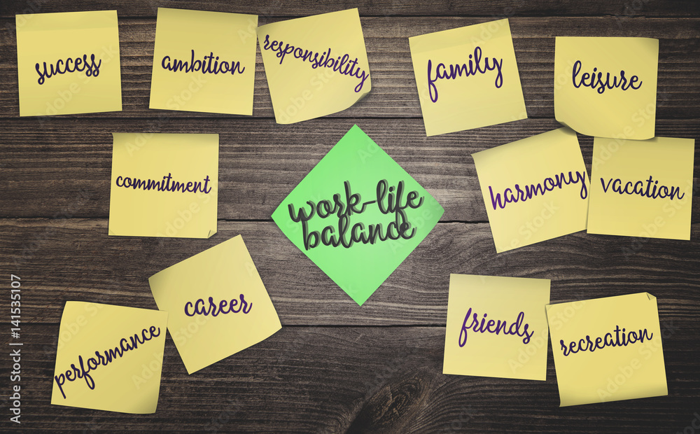 sticky notes on rustic wood background with concept work-life balance ...