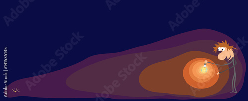idea to search for invests/ gold coin glitters in the darkness near a man with a lightbulb