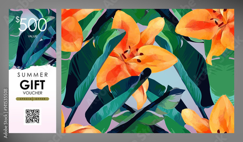 Floral flayer, discount voucher, gift certificate vector template and seamless pattern set. Trendy summer illustration. Tropical banana palm leaves, glittering gold and exotic flowers texture.