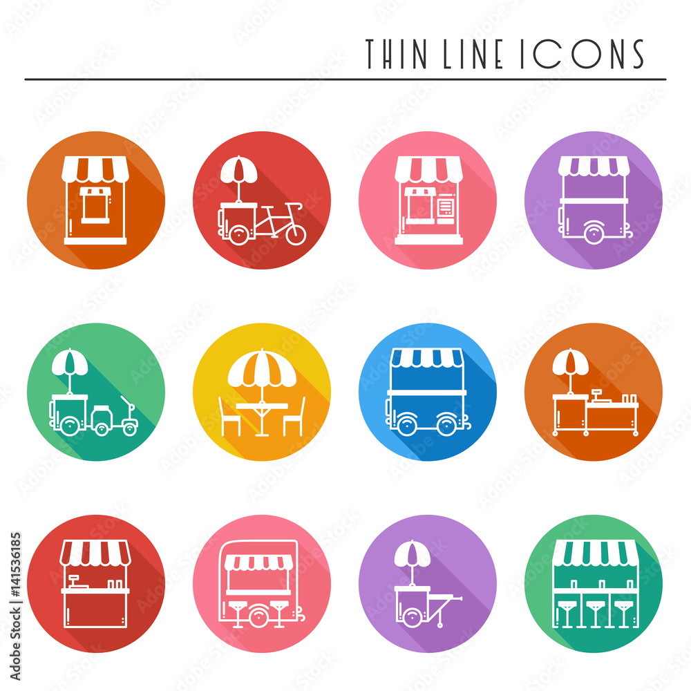 Street food retail thin line icons set. Food truck, kiosk, trolley, wheel market stall, mobile cafe, shop, tent, trade cart. Vector style linear icons. Isolated illustration. Symbols silhouette Street food retail thin line icons set. Food truck, kiosk, trolley, wheel market stall, mobile cafe, shop, tent, trade cart. Vector style linear icons. Isolated illustration. Symbols silhouette