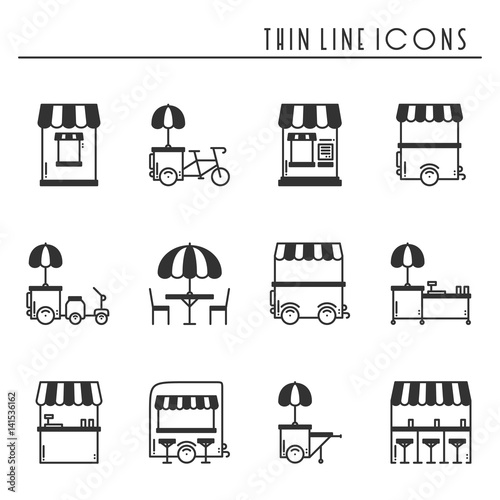 Street food retail thin line icons set. Food truck, kiosk, trolley, wheel market stall, mobile cafe, shop, tent, trade cart. Vector style linear icons. Isolated illustration. Symbols silhouette