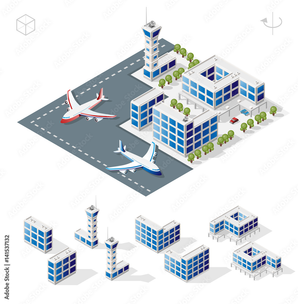 Isometric High Quality City Element with 45 Degrees Shadows on White Background . Airport