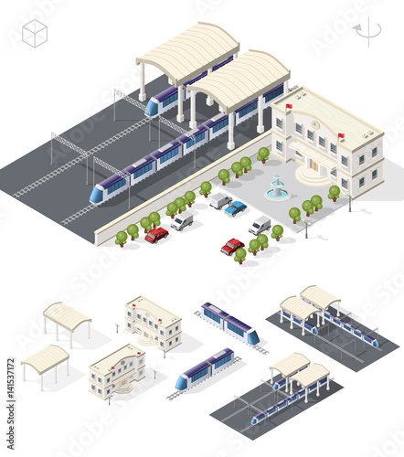 Isometric High Quality City Element with 45 Degrees Shadows on White Background . Railway Station