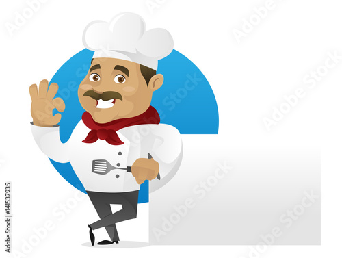 Chef leaning on blank sign