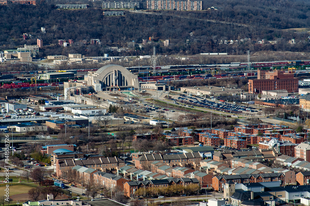 View of downtown Cincinnati and Union Terminal  from the observation deck of the Carew Tower in winter