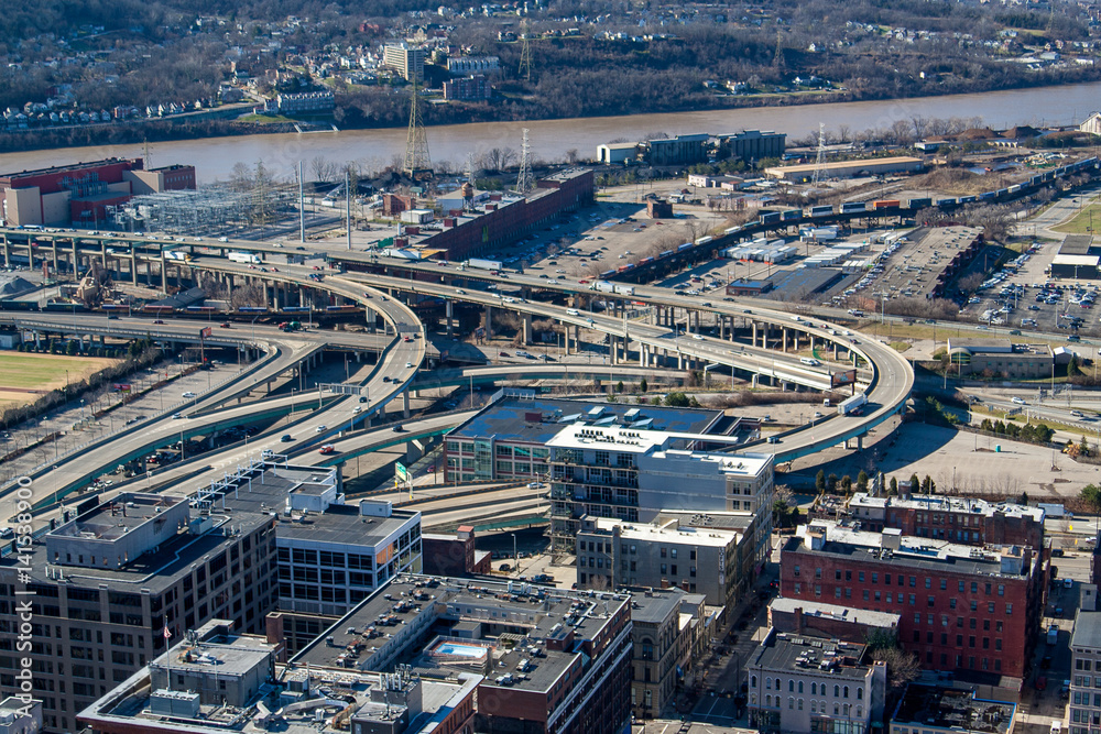 View of the highways over the Ohio River from the observation deck of the Carew Tower in Cincinnati, Ohio