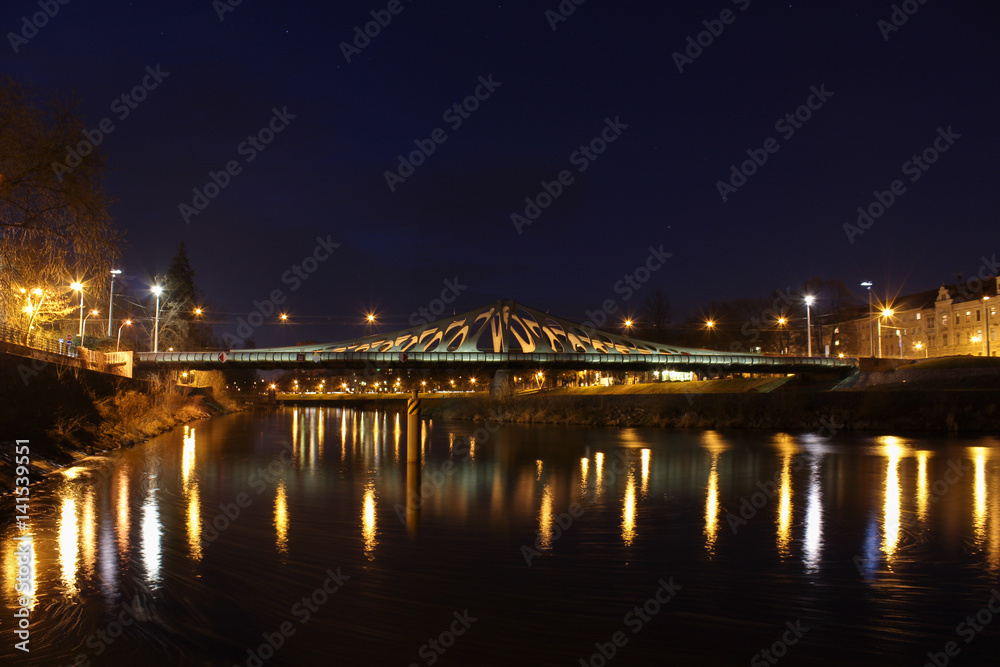 Long bridge in Ceske Budejovice in night scene. Long exposure