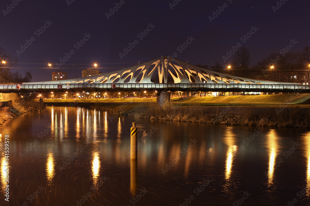 Fototapeta premium Long bridge in Ceske Budejovice in night scene. Long exposure. Close up photo
