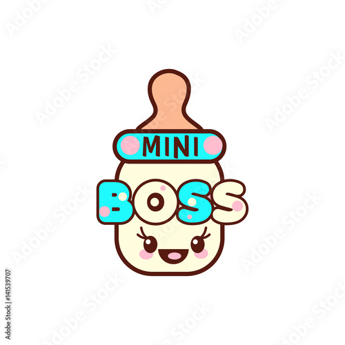 illustration of isolated baby bottle with phrase mini boss on white. Vector style pacifier Kawaii emoticons for print on t-shirt, one piece body gift for kids