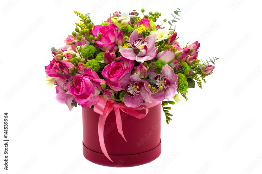 Flower Arrangement in a Red Hat Box with Roses, Orchids and Eucalyptus Flower Arrangement in a Red Hat Box with Roses, Orchids and Eucalyptus