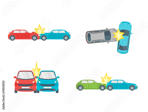 Cartoon Car Crash Road Accident Set. Vector