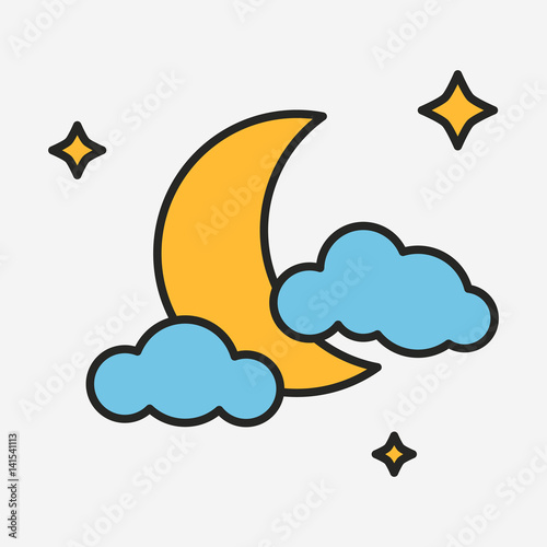 Moon with stars and clouds linear style illustration