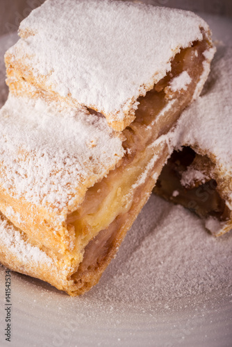 Detail of Two slices of apple strudel with powder sugar